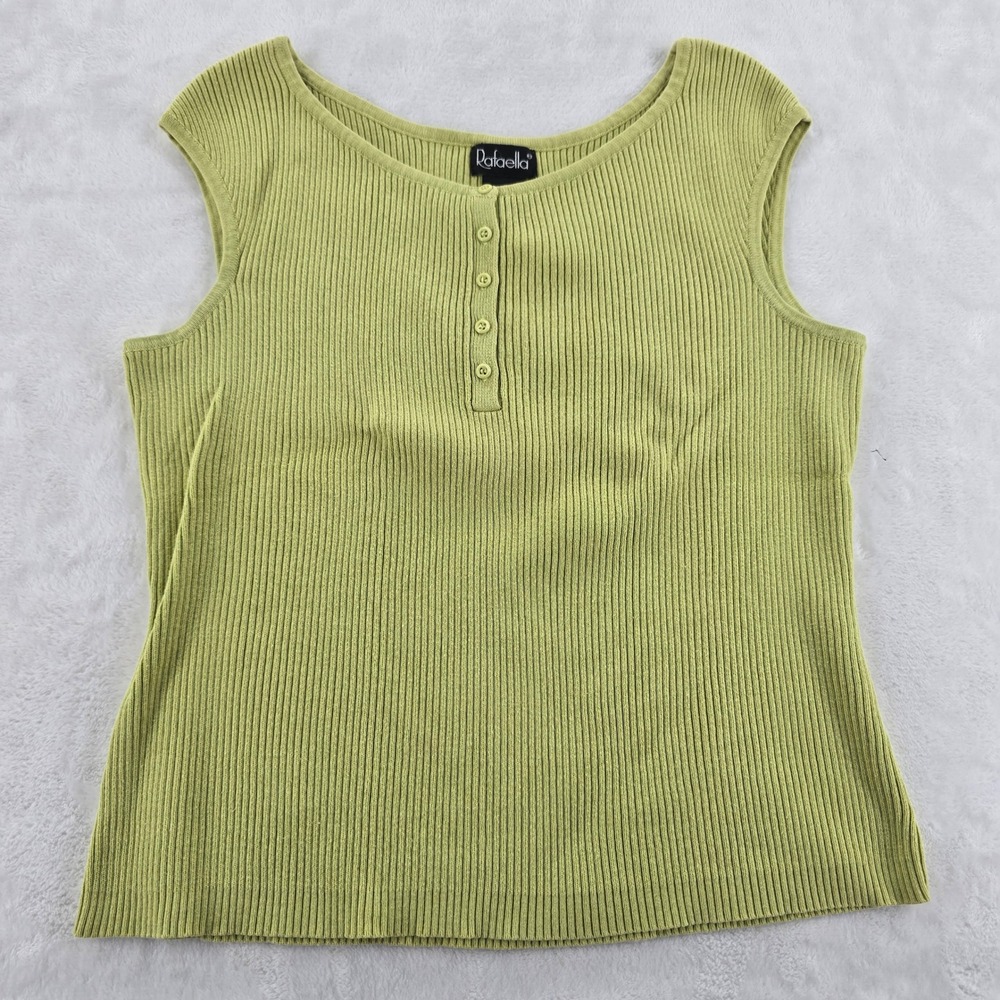 Rafaella Tank Top Womens Size M Henley Ribbed Knit Green Sleeveless Cotton Shell